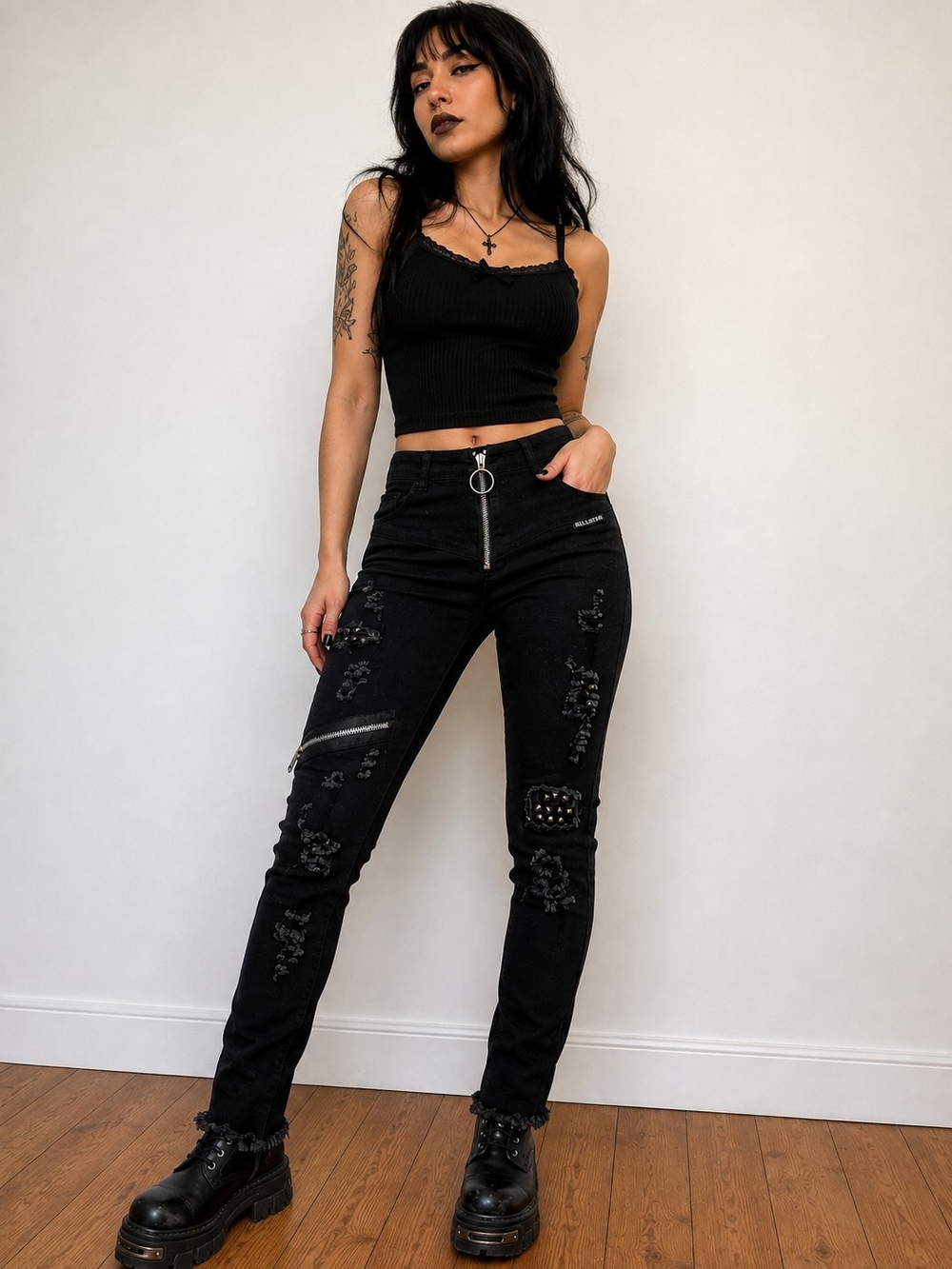 Killstar Black Distressed Studded O-Ring Skinny Jeans Size S